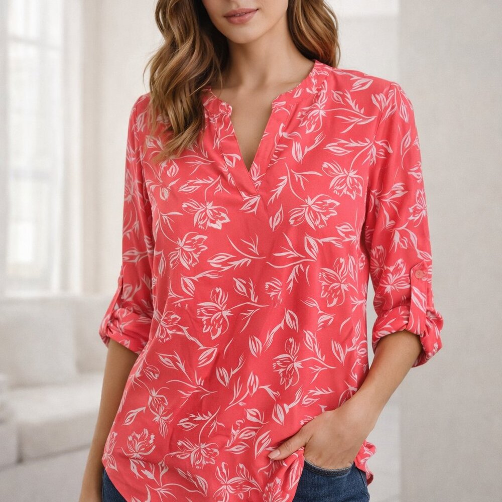 Fortune & Ive Pink w/Floral Pattern 3/4Length Roll Up Tab Sleeves V Neck S